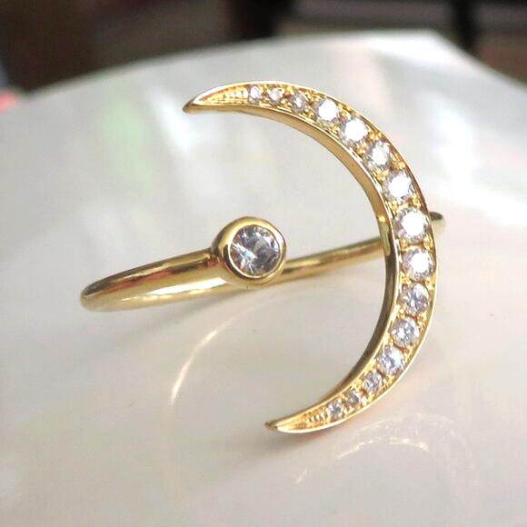 Half Moon Crescent Diamond White Sapphire 14K Yellow Gold Ring Ring - Picture 9 of 17